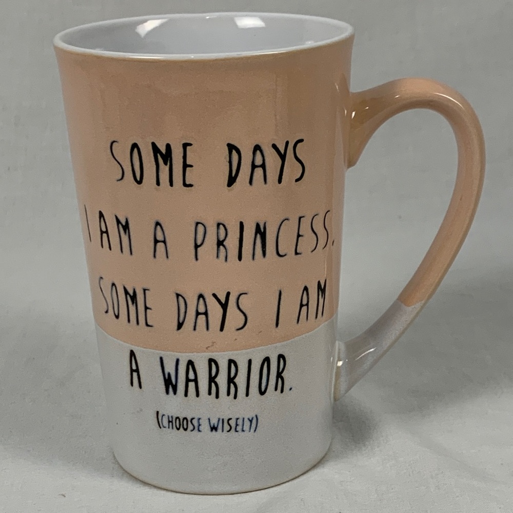 Boston Warehouse Peach and White Text Princess Warrior Mug